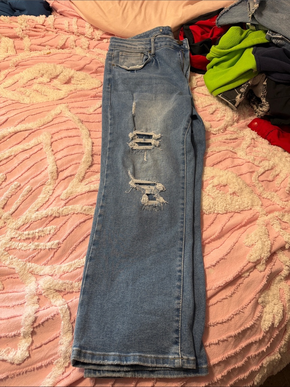 High-Rise Distressed Wide-Leg Jeans in Light Blue